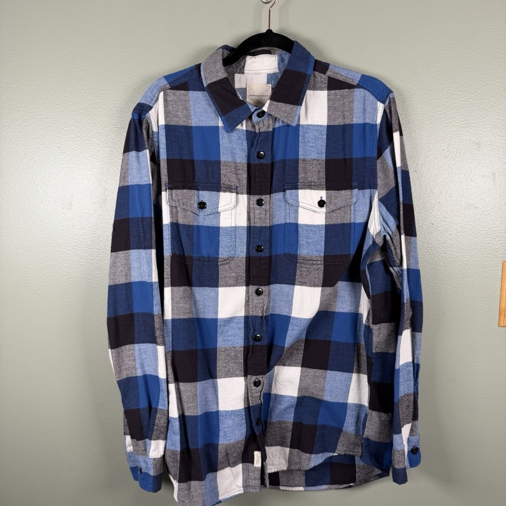 American Eagle Mens LT Plaid Flannel Shirt Blue Black Cotton Long Sleeve Tall
